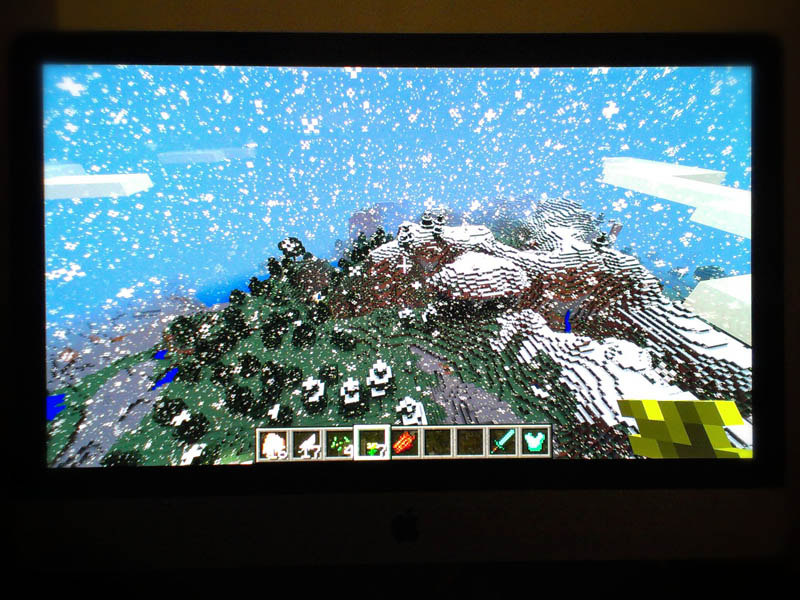Flying through a snowstorm in Minecraft.