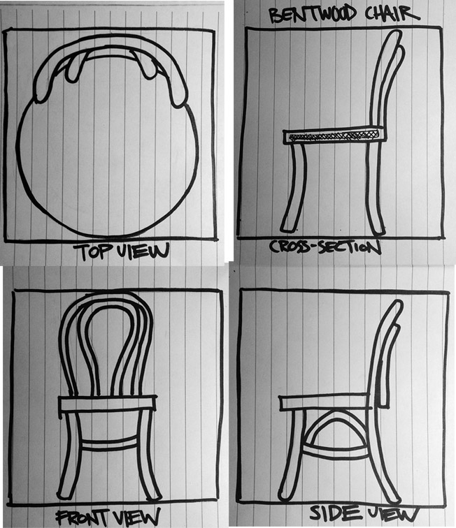 Orthographic projection and cross-section of a Bentwood chair.