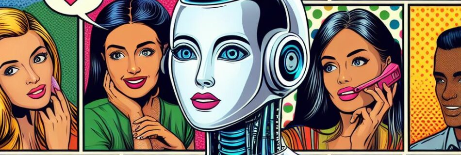 AI assistant and a diverse range of friends on the network reflecting on themselves and creating self portraits using different tools, in a colourful 60s comic style