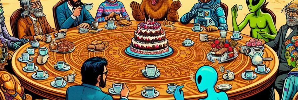 A of variety of humans, animals, fish, aliens and kanjis sitting around a large round ornate wooden table sipping coffee and eating cakes while chatting about the universe in the middle of an empty desert, in a colourful 60s comic style.