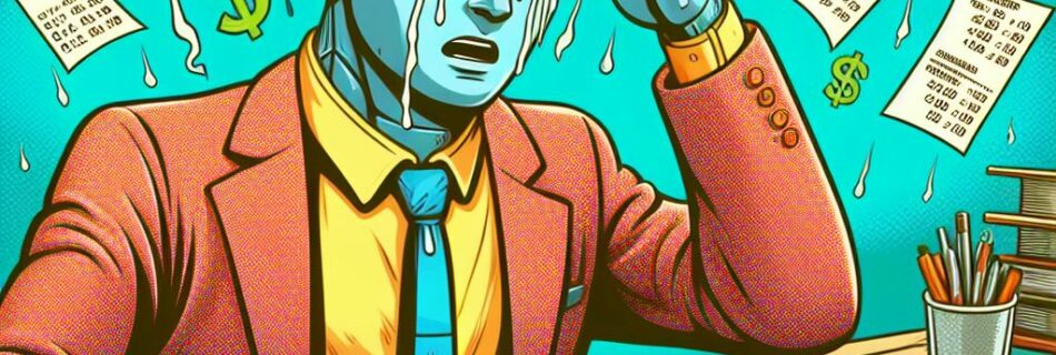 AI assistant with the appearance of an old style accountant sweating feverishly while calculating numbers, receipts and accounts, in a colourful 60s comic style