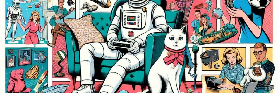 An animal AI assistant and a well dressed human playing a variety of different sports, video games, board games and other recreational activities on different planets, in a colourful 60s comic style.