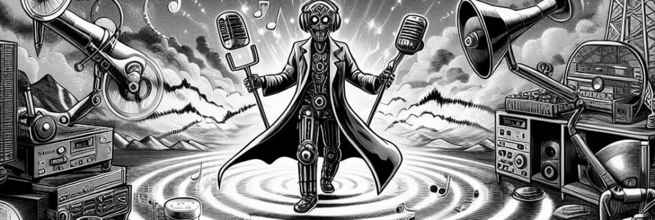 Robotic shaman-like doctor in a recording studio filled with audio equipment, mixing desk, reel to reel tape machines and microphones and transmitters. At night in the middle of an arid desert. Sound waves in the night sky. A radio broadcast tower circled by flames and dancing techno animals, humans and alien type figures, in the style of intense black and white manga.